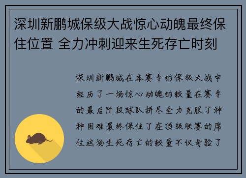 深圳新鹏城保级大战惊心动魄最终保住位置 全力冲刺迎来生死存亡时刻