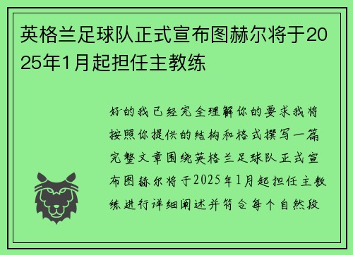 英格兰足球队正式宣布图赫尔将于2025年1月起担任主教练